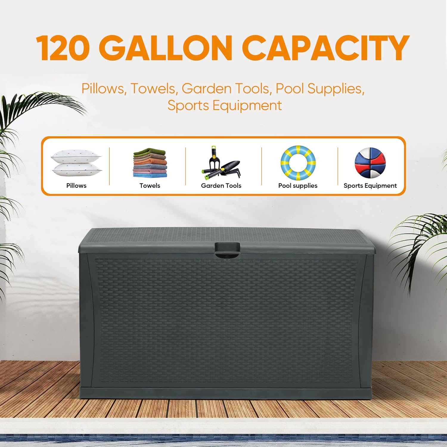 125 Gallon Resin Deck Box, Weatherproof Outdoor Storage Box for Patio, Garden, Pool, and Yard, Lockable Waterproof Bin for Tools, Cushions, and Accessories, Grey