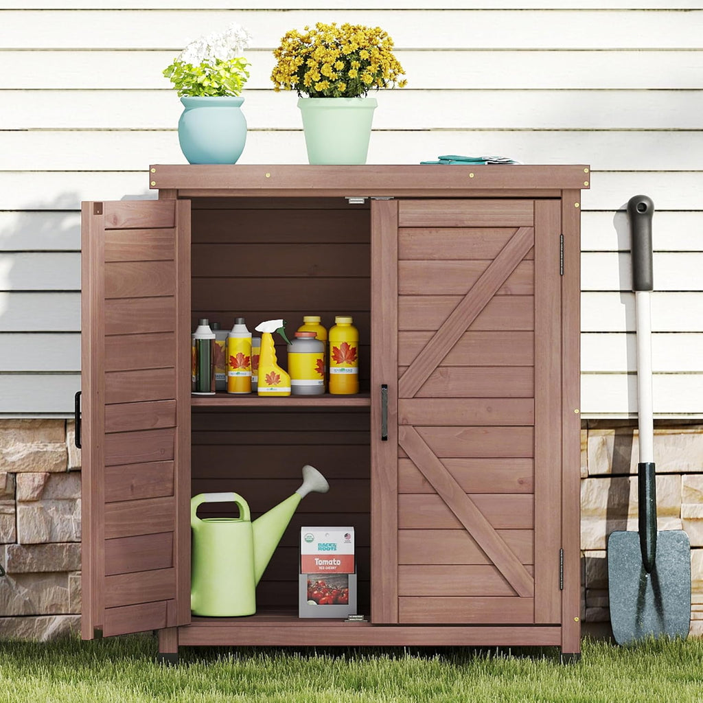 Potting Bench with Storage Cabinet and Metal Table Top for Outdoor Patio, Garden Furniture Wood Workstation