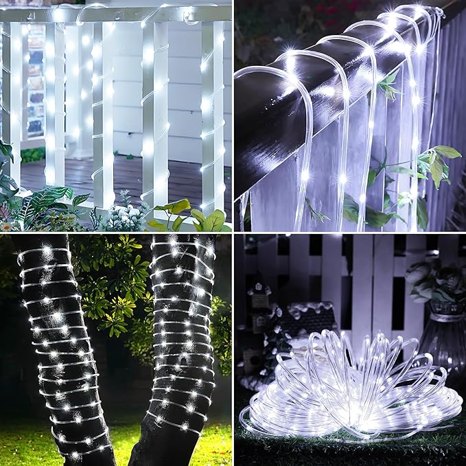 Solar Rope Lights, 2 Packs 66ft 200LED Solar String Lights, 8 Modes Waterproof Solar Powered Outdoor Lights, Flexible Clear Tube Light for Garden, Backyard, Patio, Deck, Porch, Pool,Tree Decor -White