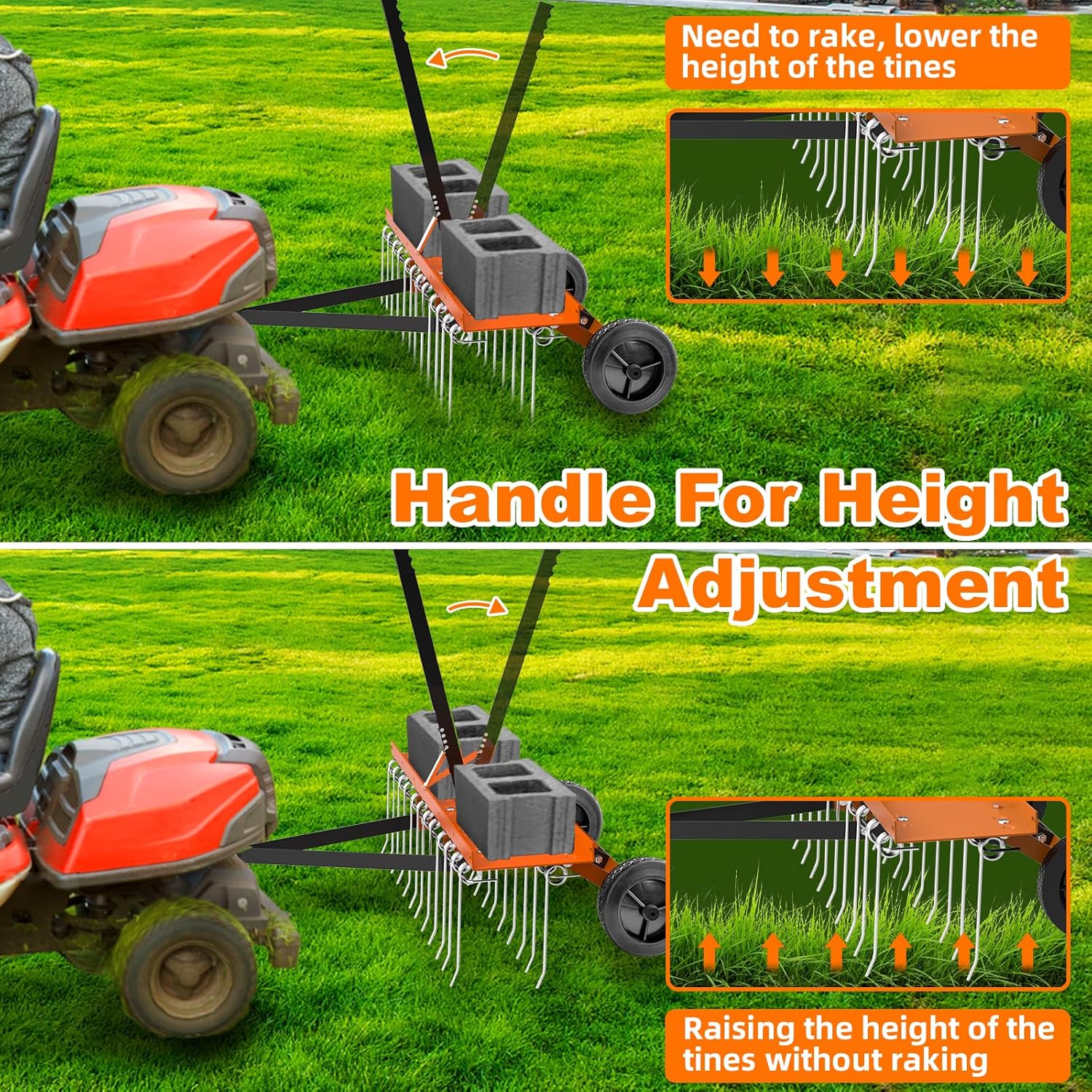 48inch Tow Behind Dethatcher with 24 Spring Steel Tines, Lawn Tractor Rakes with Lift Handle, Tow Behind Rake to Remove Thatch, Riding Lawn Mower Attachments for Outdoor Yard Tools Lawn Care