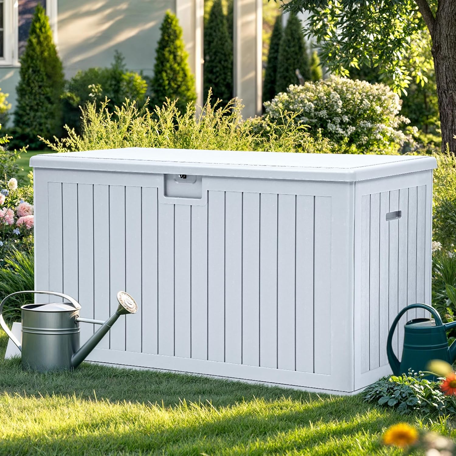 YITAHOME 200 Gallon Extra Large Deck Box, Double-Wall Resin Outdoor Storage Box with Flexible Divider for Patio Cushions Pool Supplies Garden Tools, 990 lbs Load Capacity, Lockable (White)