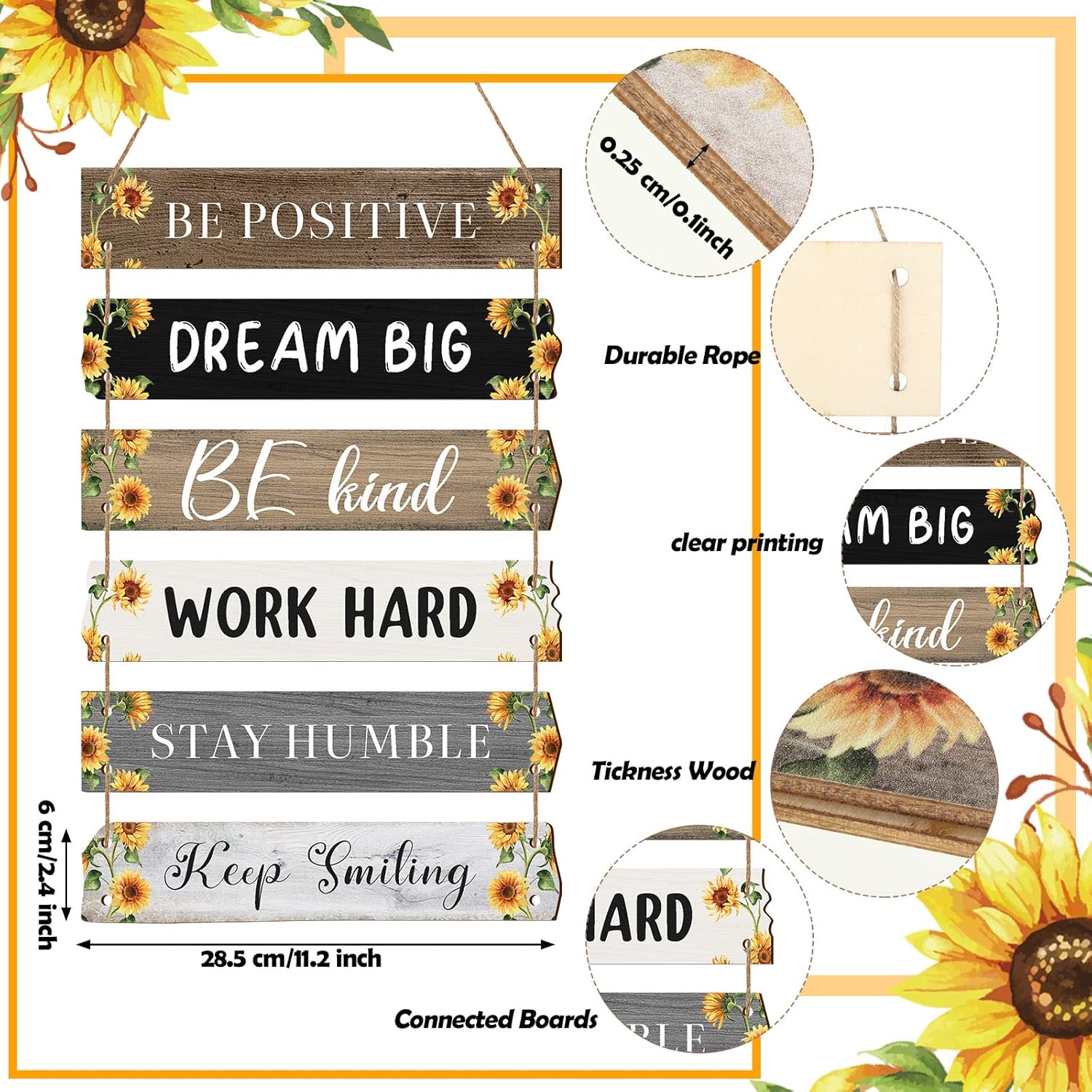 6 Pieces Rustic Wall Hanging Plaque Sign Inspirational Wall Art Farmhouse Wooden Door Signs Positive Plaque with Quotes Motivational Quote Decor for Office Bedroom Living Room(Sunflower Style)