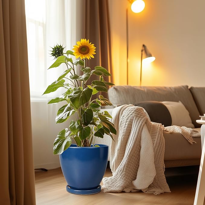 10 Inch Plant Pot - Ceramic Planter with Drainage Hole and Saucer, Modern Flower Pot, Round Planters for Indoor Plants, Home Patio Bathroom Porch Garden Living Room Decor, Blue