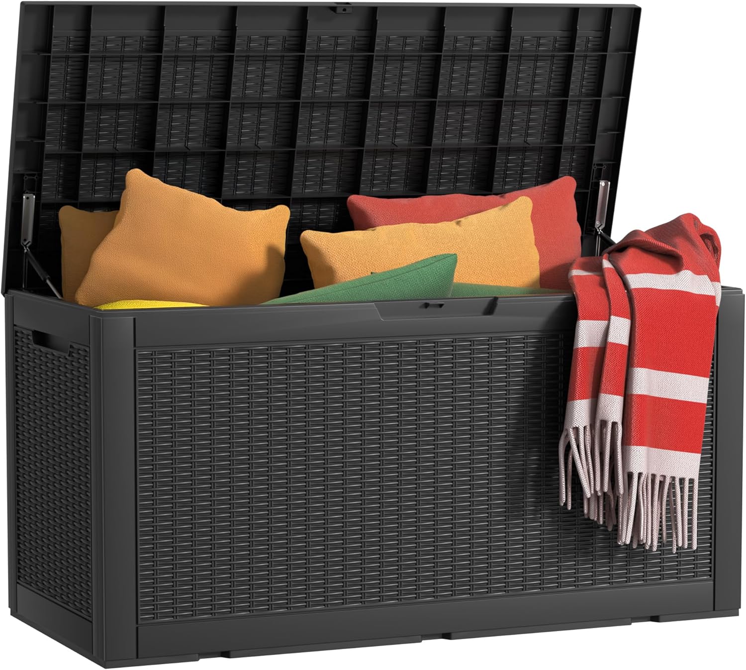 100 Gallon Outdoor Storage Box Waterproof, UV Resistant Resin Deck Box with Hydraulic Rod, Reinforced Stability for Patio, Garden, Rattan Black