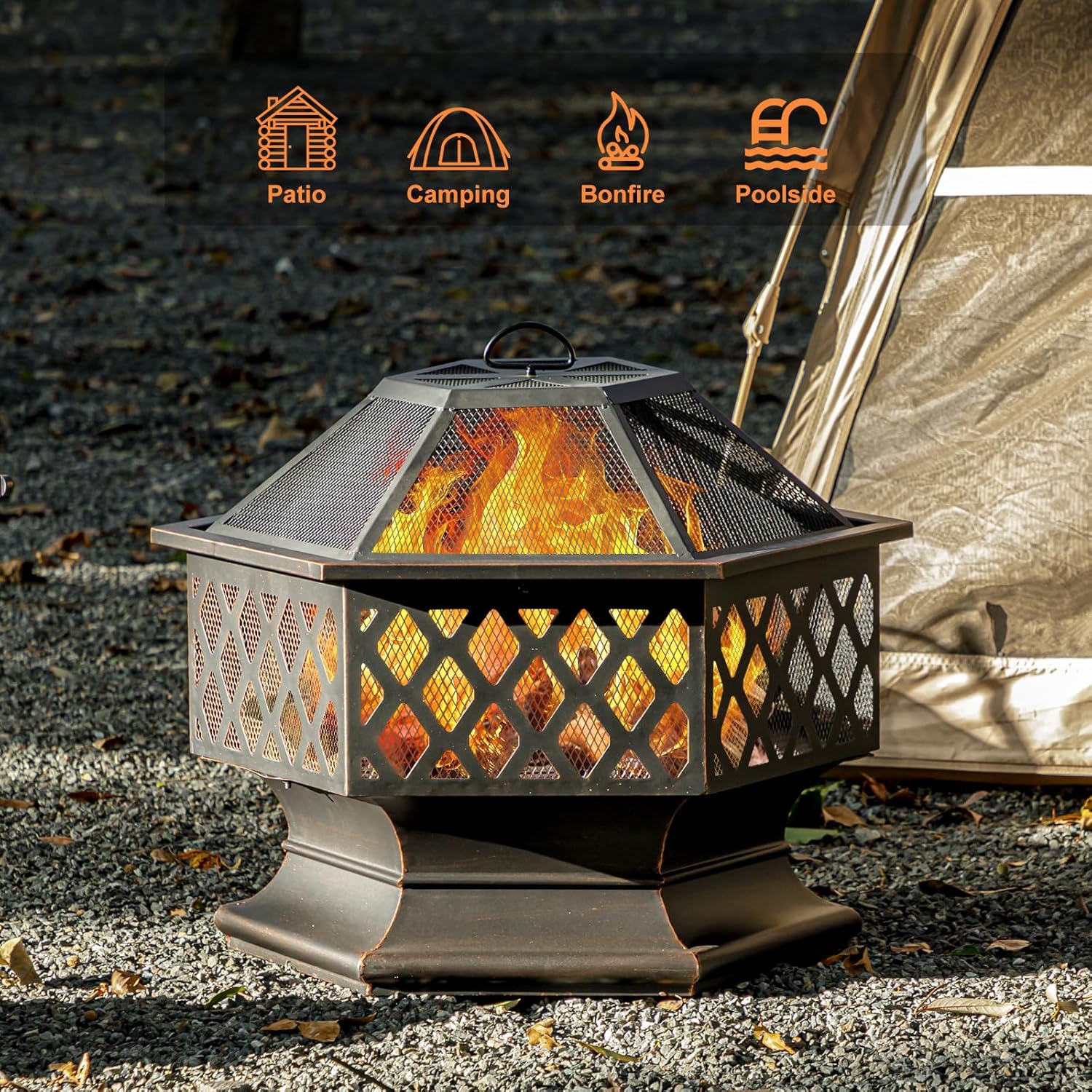 28Inch Outdoor Fire Pit, Hexagon Shaped Wood Burning Firepit for Outside Bonfire, Patio, Backyard and Camping (Antique Bronze)