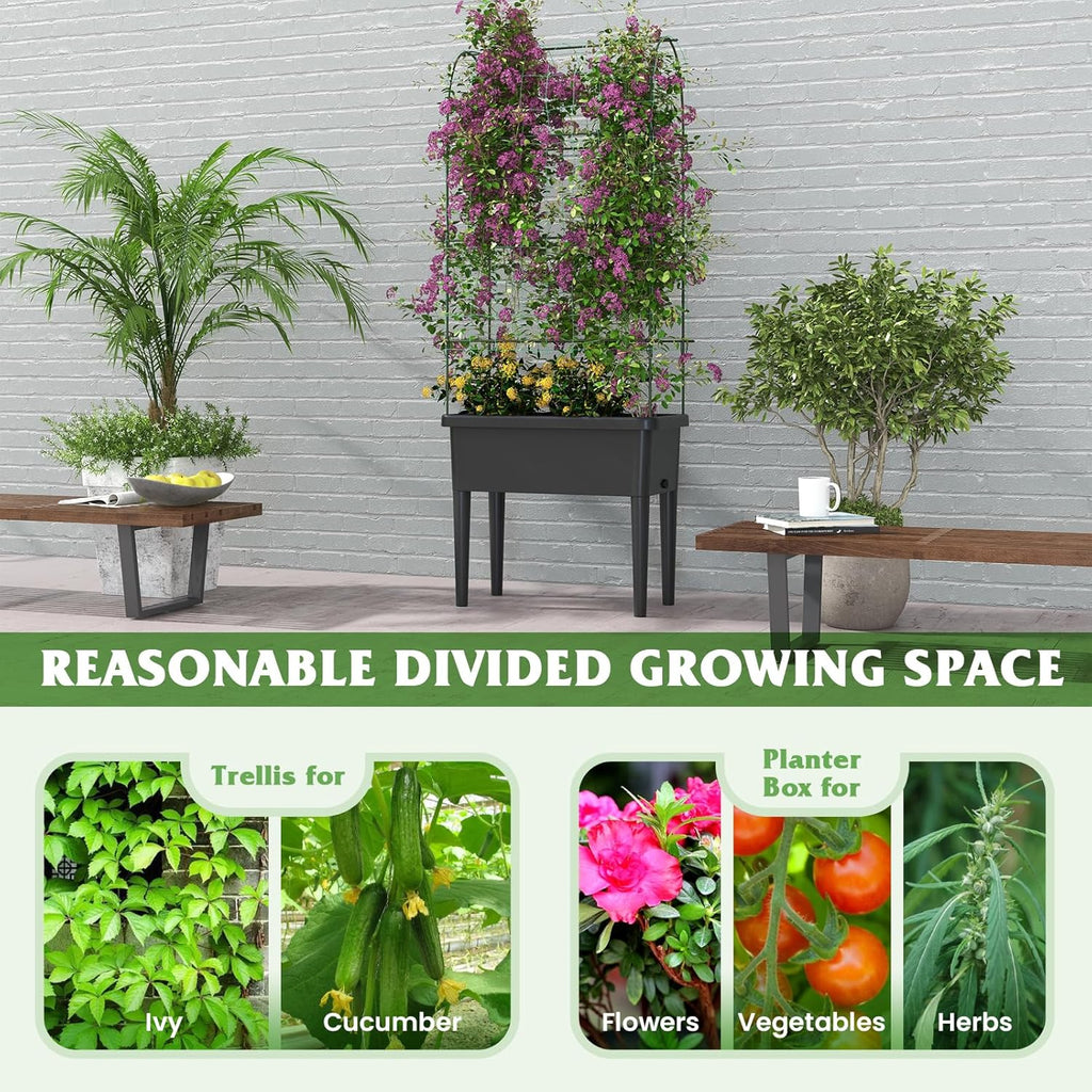 Happygrill Raised Garden Bed with Trellis, 4 in 1 Self-Watering Planter w/Water Level Observer, Drainage Holes, Climbing Net & Detachable Legs, Garden Cucumber Planter for Vegetables Flowers