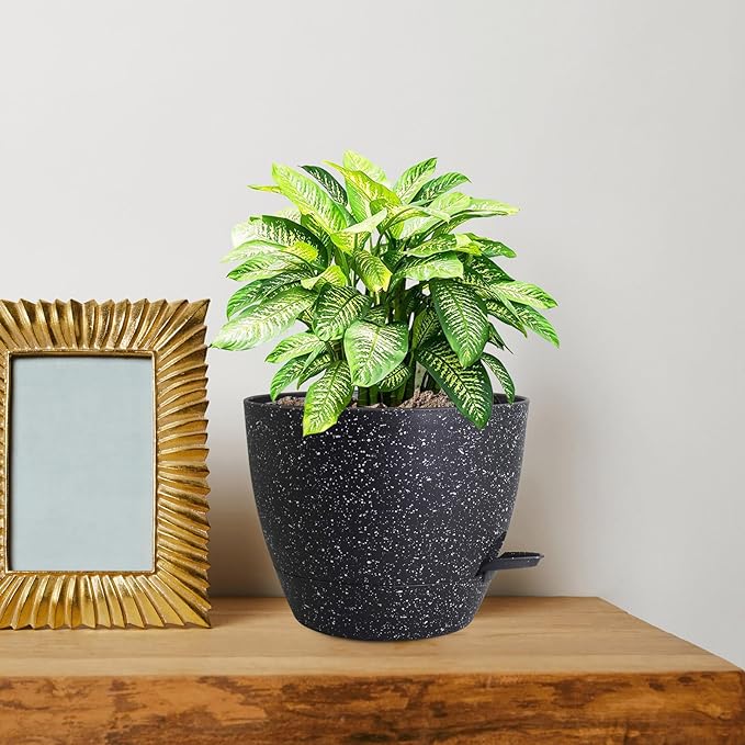 10 inch Self Watering Pots, Planter, Plant Pots with Mesh Drainage Holes for Indoor Outdoor House Plants and Garden, Pack of 2 Plastic Flower Pots with Deep Reservoir, Speckled Black