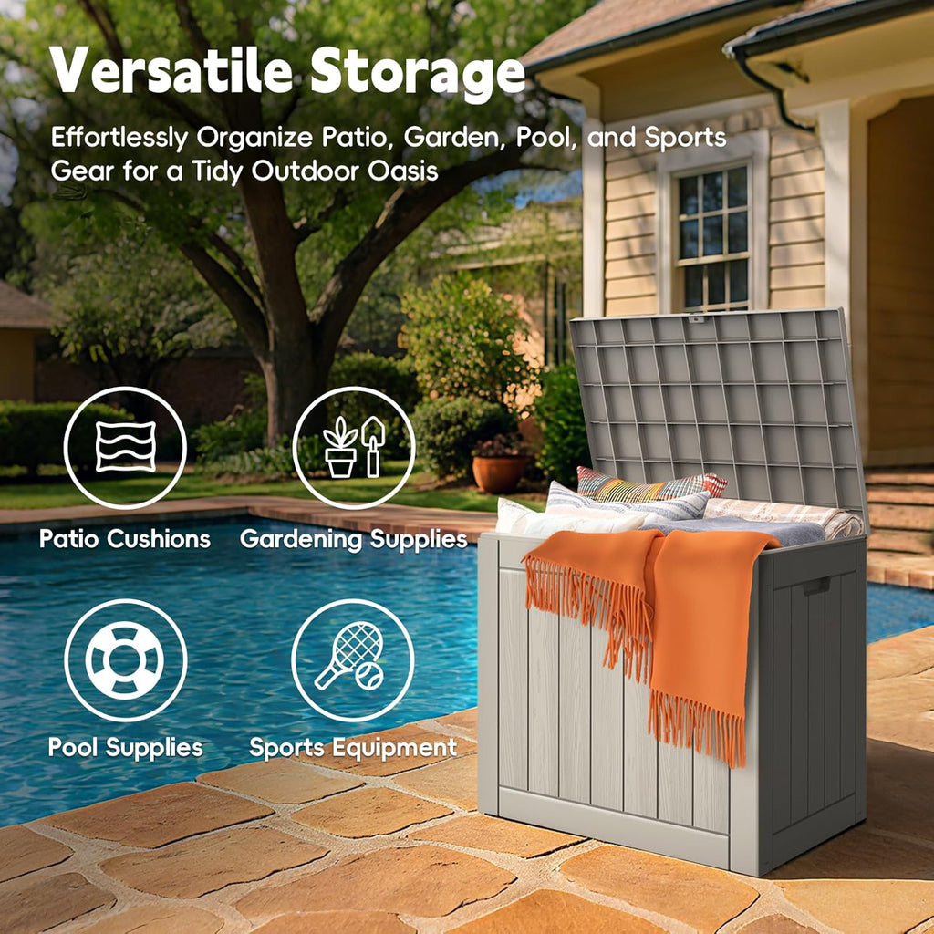 Outdoor Storage Box, 31 Gallon Waterproof Resin Deck Box, Storage Bin for Package Delivery, Patio Furniture Cushion, Garden Tools, Pool Accessories, Weatherproof and UV Resistant, Grey