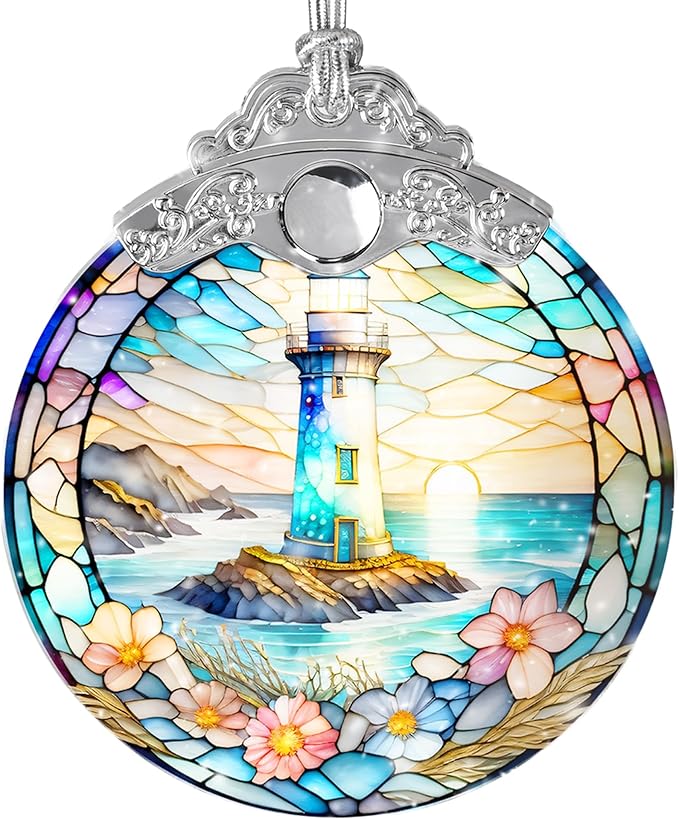 Stained Glass Suncatcher, Jocidea Lighthouse Ornament, Christmas Ornaments, Holidays Ornaments, Christmas Tree Decor, Lighthouse Decor for Home, Lighthouse Gifts