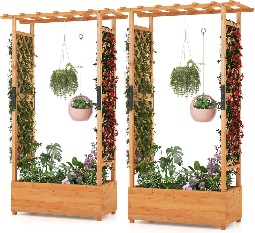 S AFSTAR 72 Inch Raised Garden Bed with Arch Trellis, Hanging Roof & Drainage Holes, 2 Pieces Vertical Plant Container for Vine Climbing Plant Flower, Outdoor Wood Elevated Planter Box for Garden