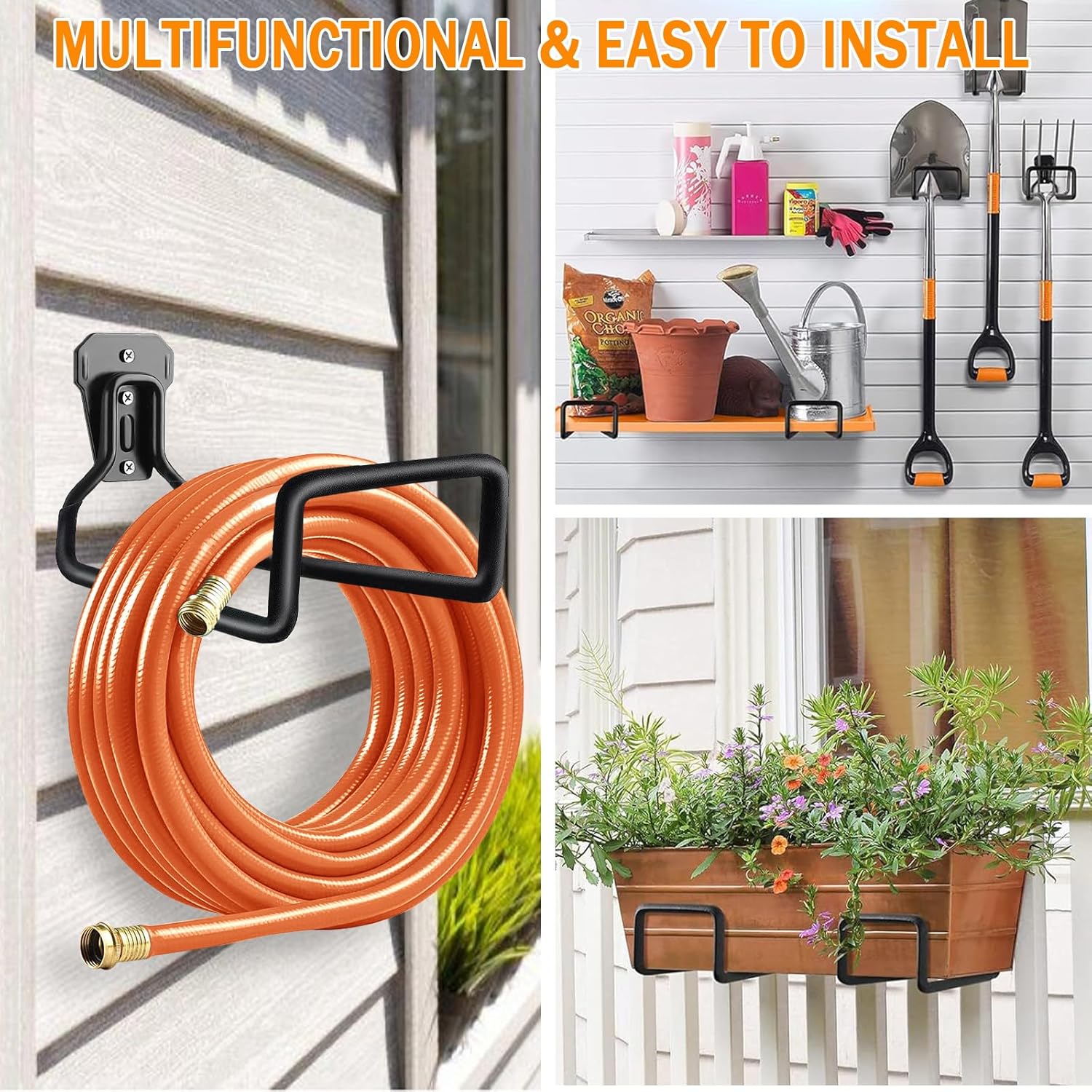 Metal Garden Hose Holder, Wall Mounted Water Hose Holder for Outside Yard, Sturdy Hose Reel Hooks-3 Pack