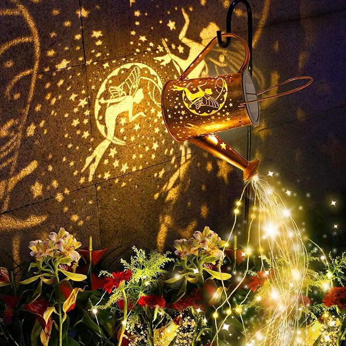 Big Solar Lanterns Outdoor Waterproof, Moon Fairy Watering Can Garden Decor,Hanging Solar Lights Yard Art, Outside Patio Decorations Gardening Birthday Gifts for Mom Grandma Women with Shepherd Hook
