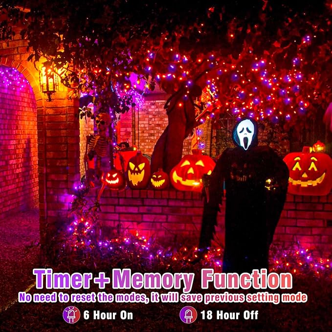 100 LED Halloween Lights Outdoor, 33ft Halloweem String Lights Indoor Clear Wire 8 Modes Waterproof Plug in Twinkle Fairy Lights with Timer Memory for Room Tree Party Decorations, Purple&Orange
