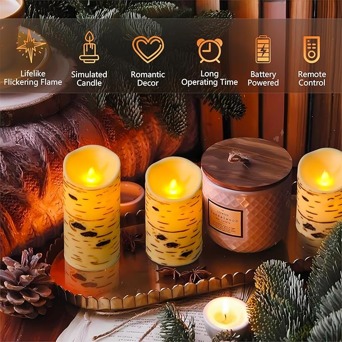 Metaku Flameless Candles Battery Operated Set of 3 Birch Bark LED Pillar Candles with Remote,3D Moving Wick Electric Decorative Candles for Christmas Party Wedding Home Bedroom,D 3"×H4 5" 6"
