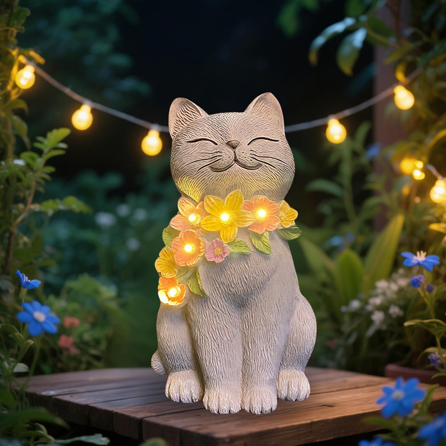 Solar Cat Garden Statue for Outdoor Decor, Cat Solar Light with Flowers, Resin Cats Figurine for Garden, Yard, Lawn Decor, Cats Lover Gifts for Women