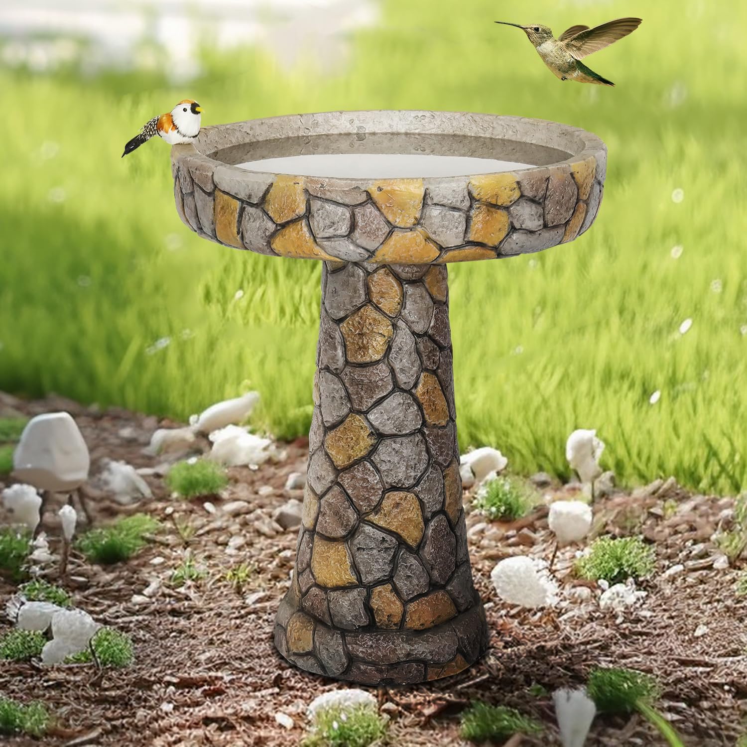 24" H Outdoor Concrete Bird Bath - 24" H * 18.8" Φ Mosaic Stone Design BirdBath Perfect for Adding Interest to Garden, Patio, Backyard, Porch and Deck