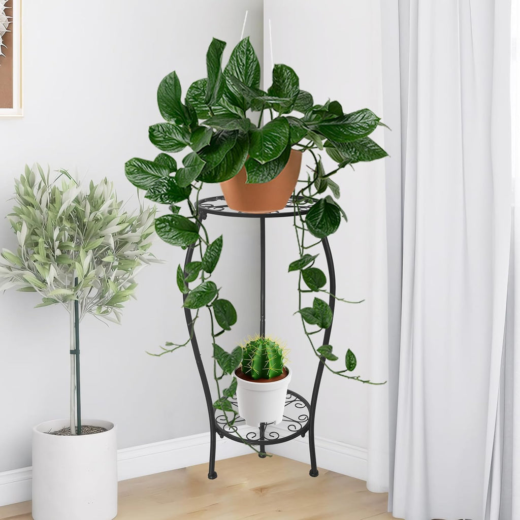 Metal Plant Stand 2 Tier Indoor Outdoor, Tall Flower Pot Shelf Rustproof Stable Corner Stand, 25.2 inch Multiple Plant Display Rack for Living Room Patio Balcony Garden