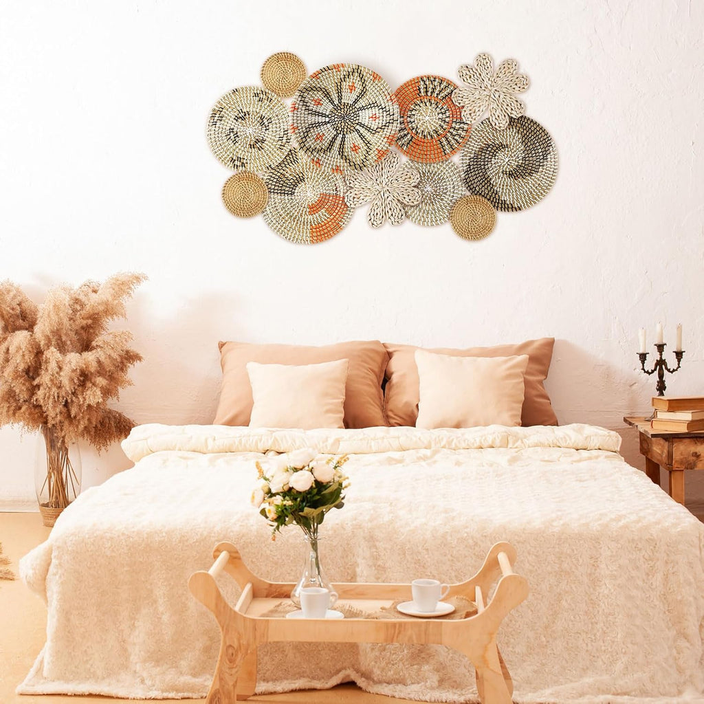 11 Pcs Boho Hanging Wall Basket Decor Handmade Woven Basket Wall Decorative Boho Wicker Baskets Placemats Round Farmhouse Bulrush Art for Rustic Home Decorations Christmas Gift(Cute)