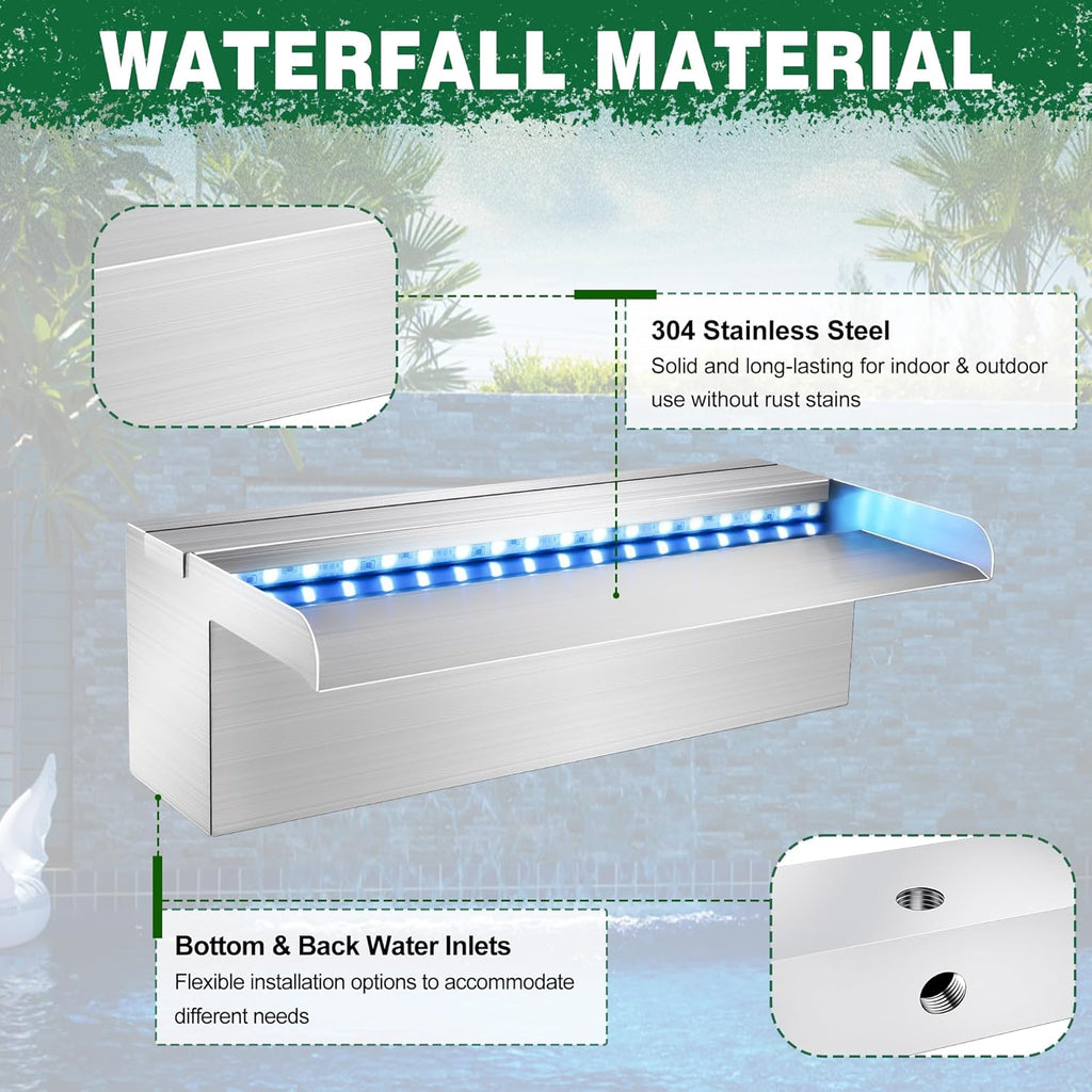 LONGRUN Waterfall Pool Fountain, Updated 5.9'' Wider Open Lip Stainless Steel Waterfall Spillway, Decorative Water Feature for Swimming Pools, Koi Ponds, Spa & Garden - 23.6''