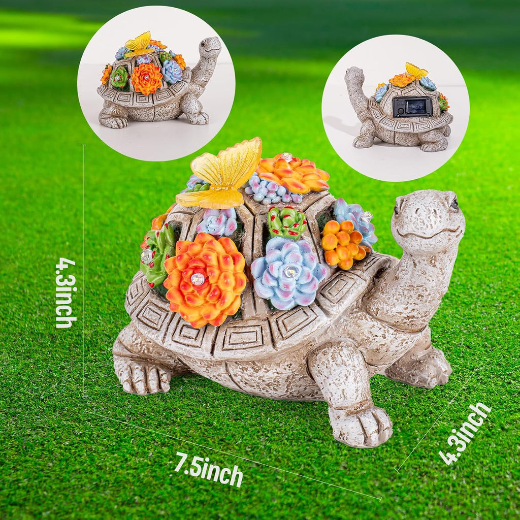 Solar Garden Outdoor Statues with Succulent and 7 LED Lights - Lawn Decor Tortoise Statue for Patio, Balcony, Yard Ornament - Unique Housewarming Gifts (Grey Turtle)