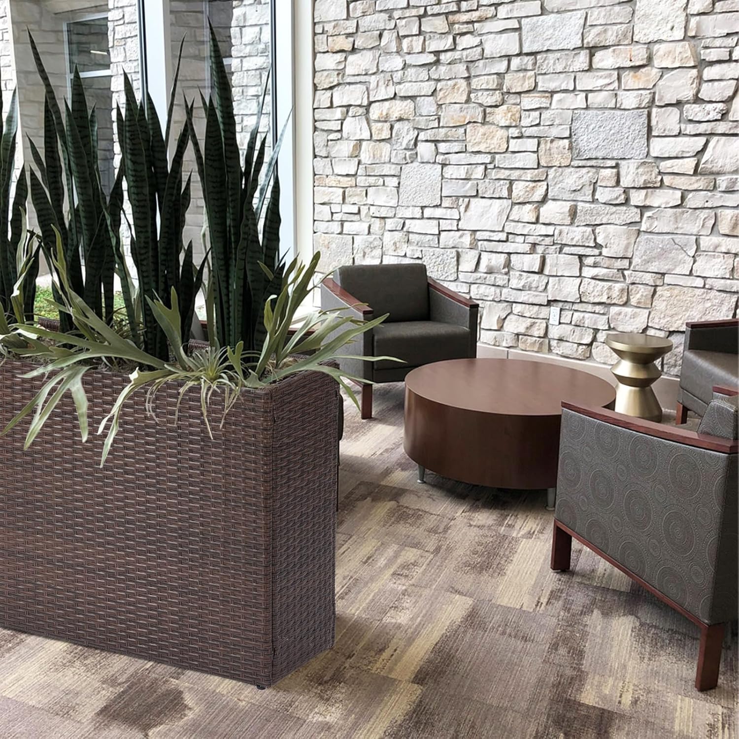 SUNNYPARK Tall Rectangular Planter with Removable Liner, All-Weather PE Rattan Large Modern Planters Indoor Outdoor Flower Plant Pots Garden Box Patio Yard Front Porch Deck