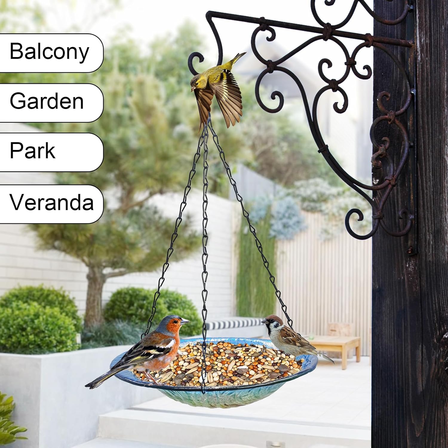 Hanging birdbath, Outdoor Glass birdbath, Bird Feeder with Blue-Orange Texture Pattern for Garden Patio Decoration