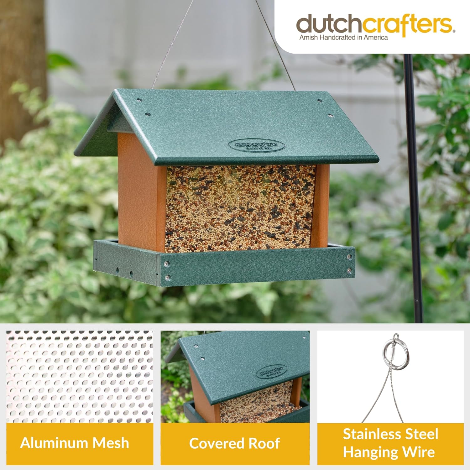 Poly Hanging Hopper Bird Feeder, Large Hanging Bird Feeder for Outside, Outdoors - Amish American Made (Turf Green & Cedar)