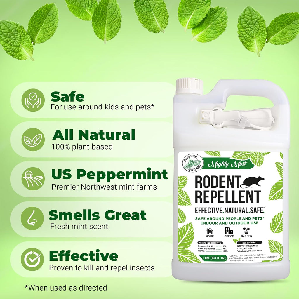 Mighty Mint Peppermint Oil Rodent Repellent Spray with Microfiber Cloth – Natural Indoor & Outdoor Control for Mice and Rats – Plant-Based, Extra-Strong Formula - 1 Gallon (128 oz)