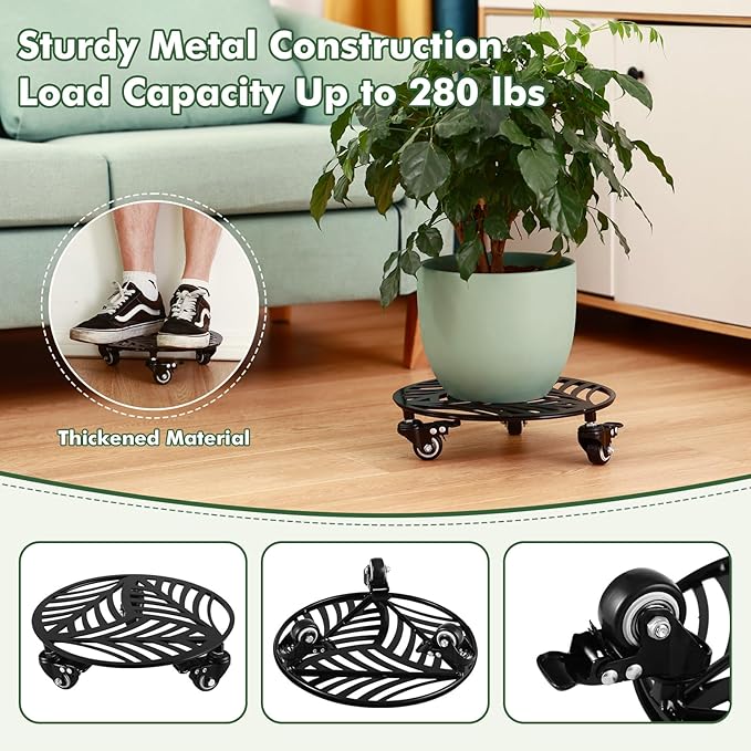1 Pack 16 inches Extra-large Metal Plant Caddy with Wheels Heavy-duty Iron Rolling Plant Stand with Casters Indoor Outdoor Wheeled Plant Roller Base Pot Movers Plant Dolly Coaster Trolley Black