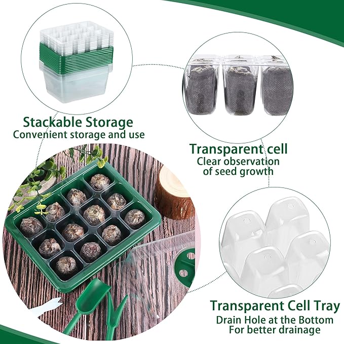 10 Sets Seed Starter Tray Kit Seed Starter Trays with Humidity Dome and Base Include 120 Peat Pellets 200 Plant Labels Garden Tools Plant Germination Tray Set for Indoor Outdoor Planting, Green