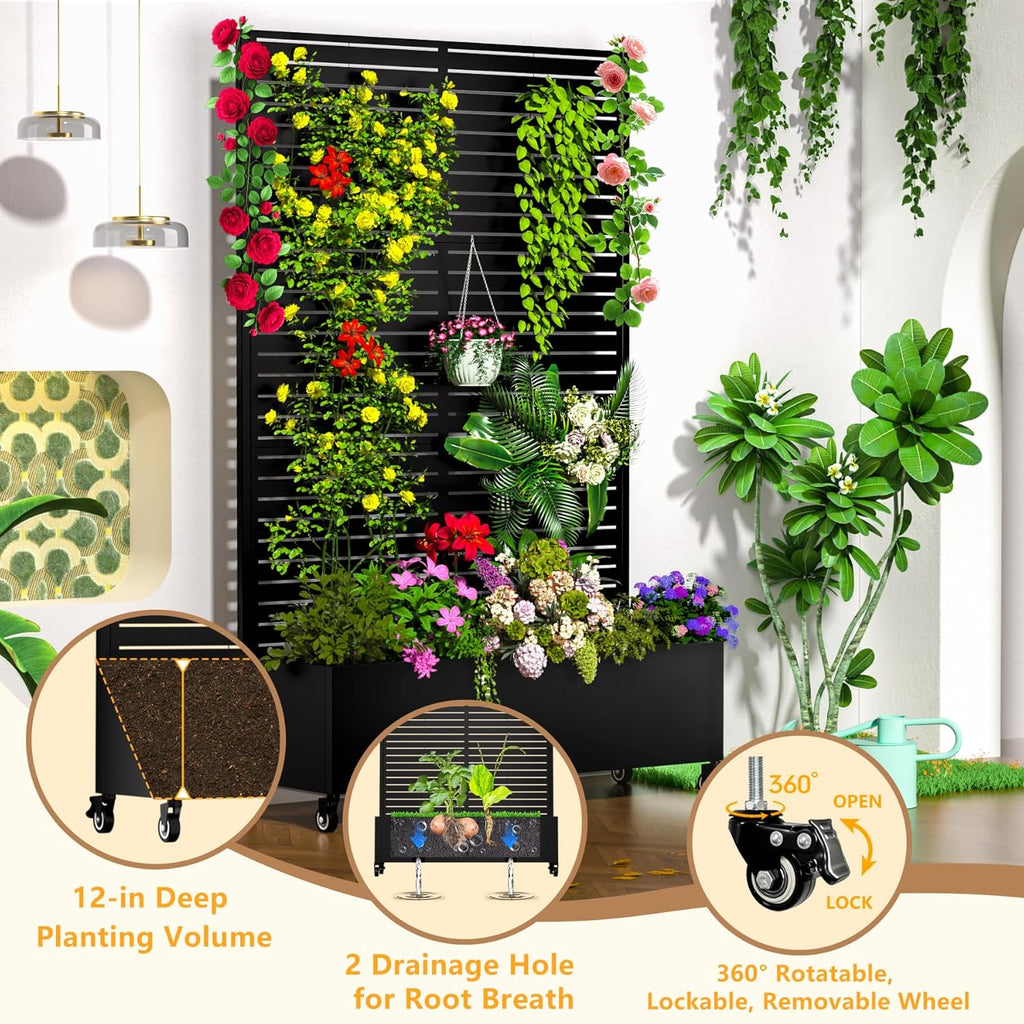 Metal Planter Box with Trellis, 72"x47"x16" Outdoor Galvanized Raised Garden Bed with Privacy Screen & Drainage Holes & Lockable Casters for Climbing Plants, Vegetable, Vines (Black-Louvered)
