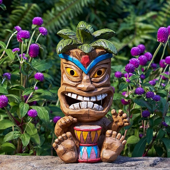 Outdoor Tiki Statue Decoration-Solar Power Light Tiki Garden Statues-Tiki Bar Decor Totem Pole Waterproof Figurines for Garden,Patio,Balcony,Yard,Lawn Ornament,10.43 Inch Tall