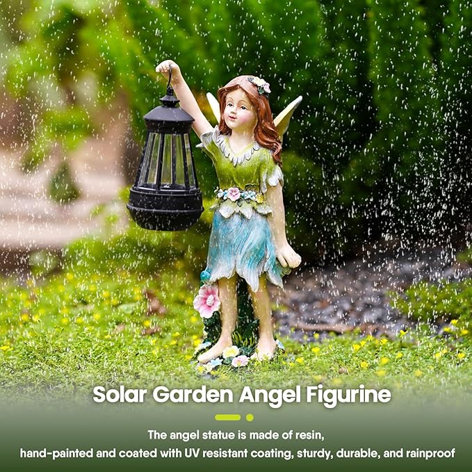 Fairy Garden Statue Solar Garden Fairy with Lantern Light Outdoor Garden Decoration Waterproof Solar Garden Sculpture for Patio Yard Lawn Gift for Mom Grandma