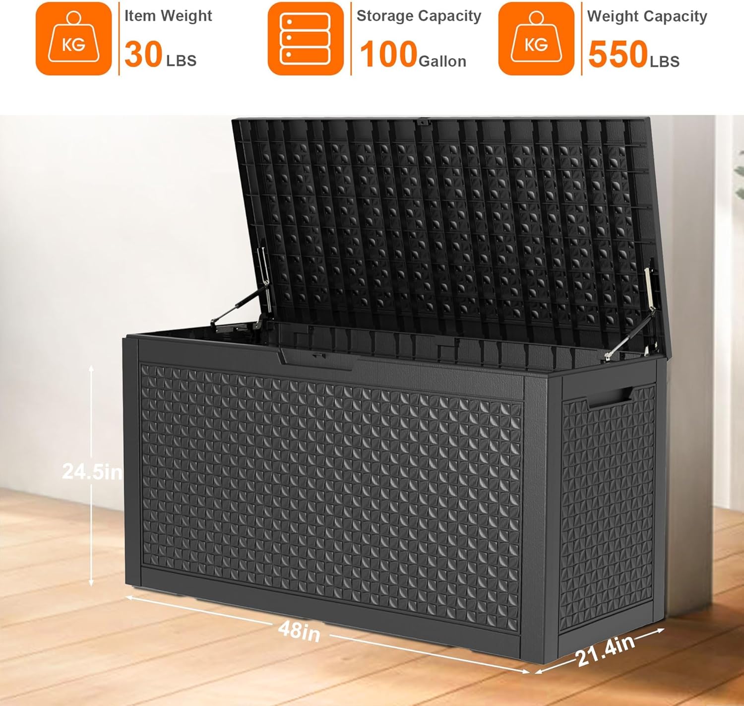 100 Gallon Waterproof Outdoor Storage Box,Resin Deck Box,Lockable Outside Storage Box Container for Patio Furniure,Garden,Pool Tools (100 Gallon,Black pattern)