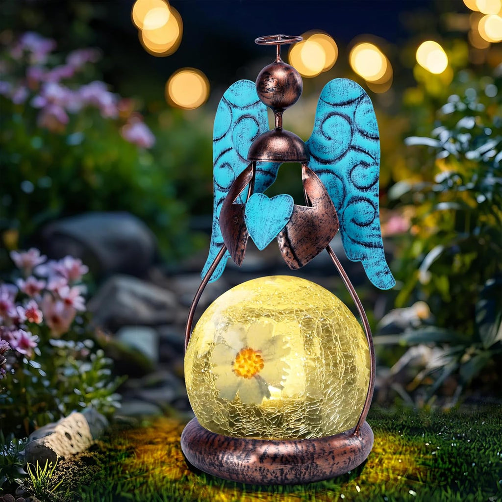 MUMTOP Angel Solar Lights Outdoor Garden - Solar Lanterns Light Decorative Waterproof with Glass Cracked Globe Tabletop Lantern Lamp Ornaments for Yard Patio Decor Gift (Hold Heart)