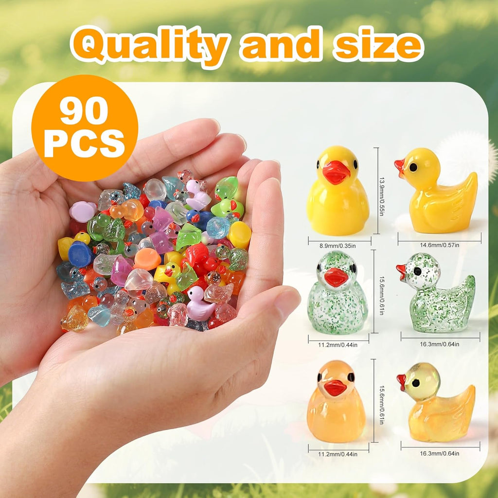 90 Pack Tiny Ducks Little Mini Resin Animals Figures Glitter Plastic Small Duck Glow in The Dark Miniature Garden Figurines Bulk for Micro Fairy Garden Hide Landscape Accessories Decor Aquarium
