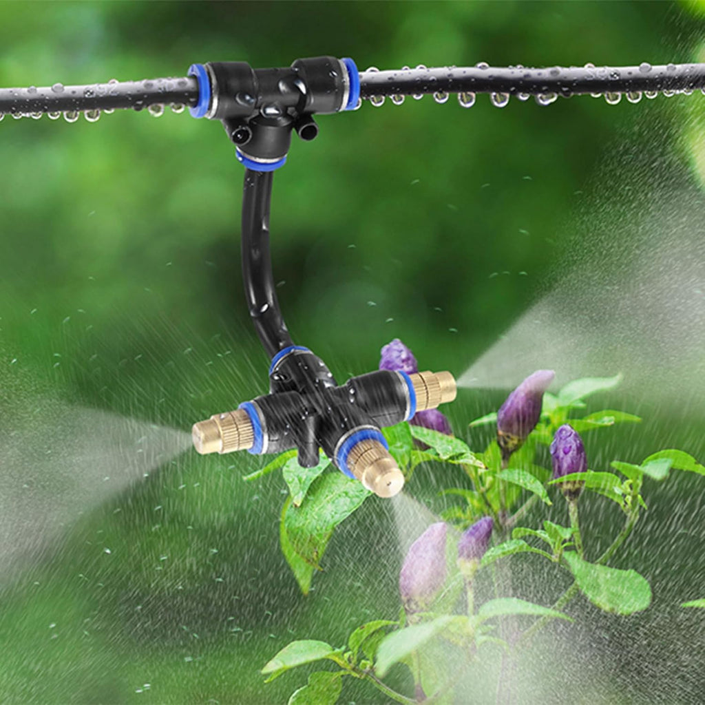 Mornajina 3Packs 3 Way Brass Misting Nozzles Tee with 9inch Built in Hose for Outdoor Cooling System, Adjustable 360° Rotation, Water Mister Nozzles Thread Sprayer 0.043" (1.1 mm)