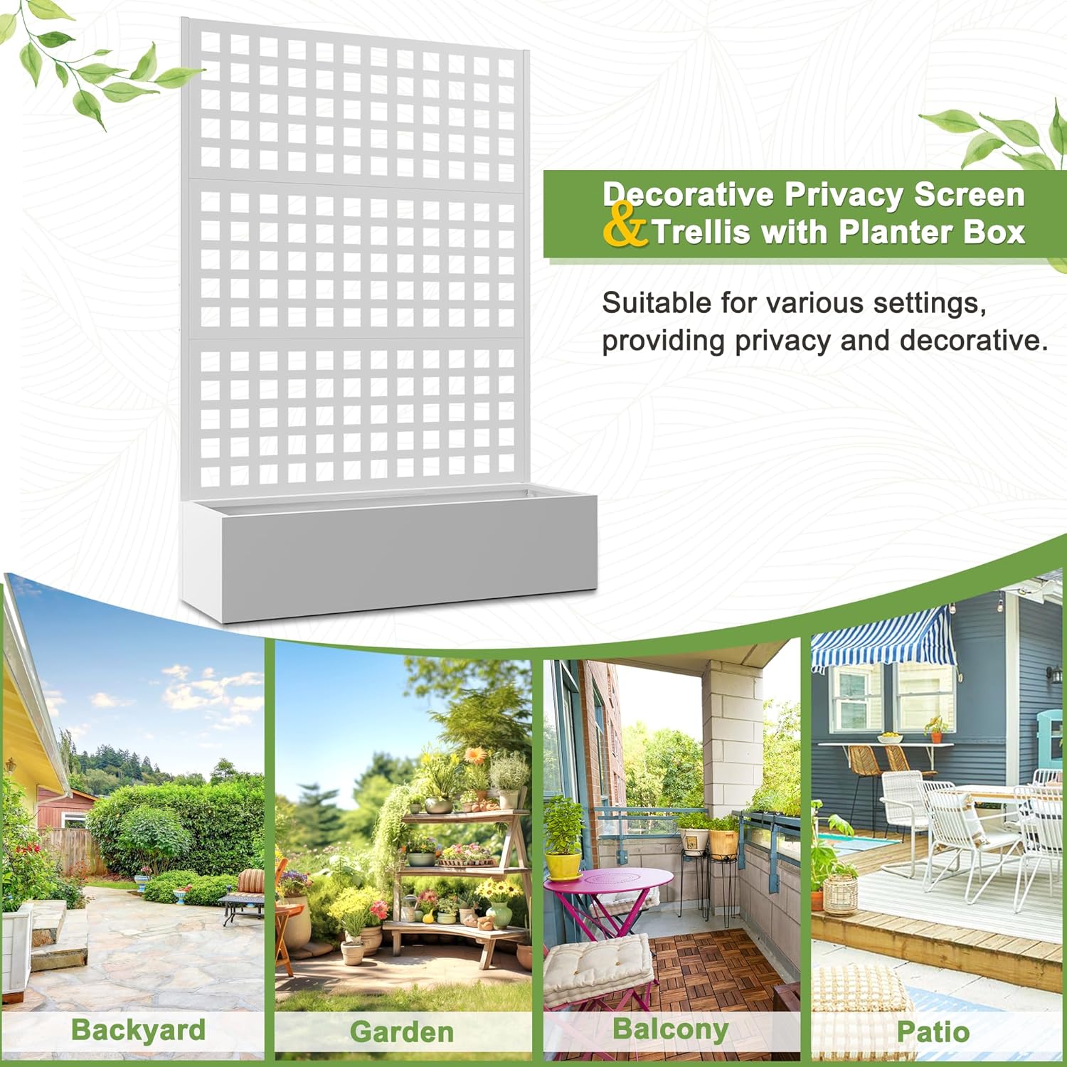 FENCY Metal Raised Garden Bed with Trellis, Metal Planter Box with Trellis, Garden Box for Climbing Plants Vegetable, 47''Lx16''Wx71''H Garden Bed with Drainage Holes(White)