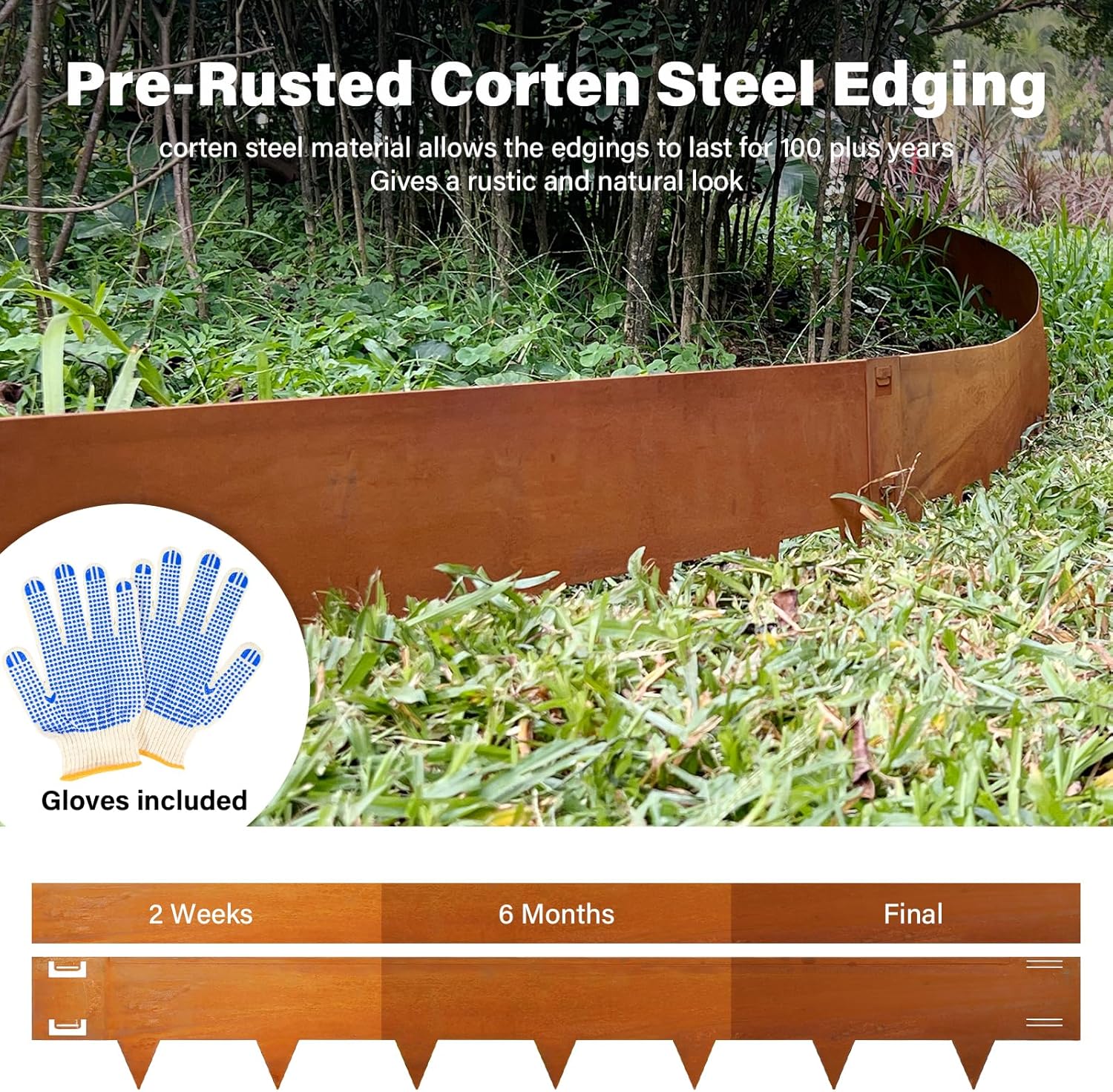 Cor-Ten Steel Landscape Lawn Edging, 40" L x 8" H,6 Pack Steel Edging for Landscaping,Metal Landscape Edging, Metal Edging for Landscaping(180 Degree Bend, Rusted)