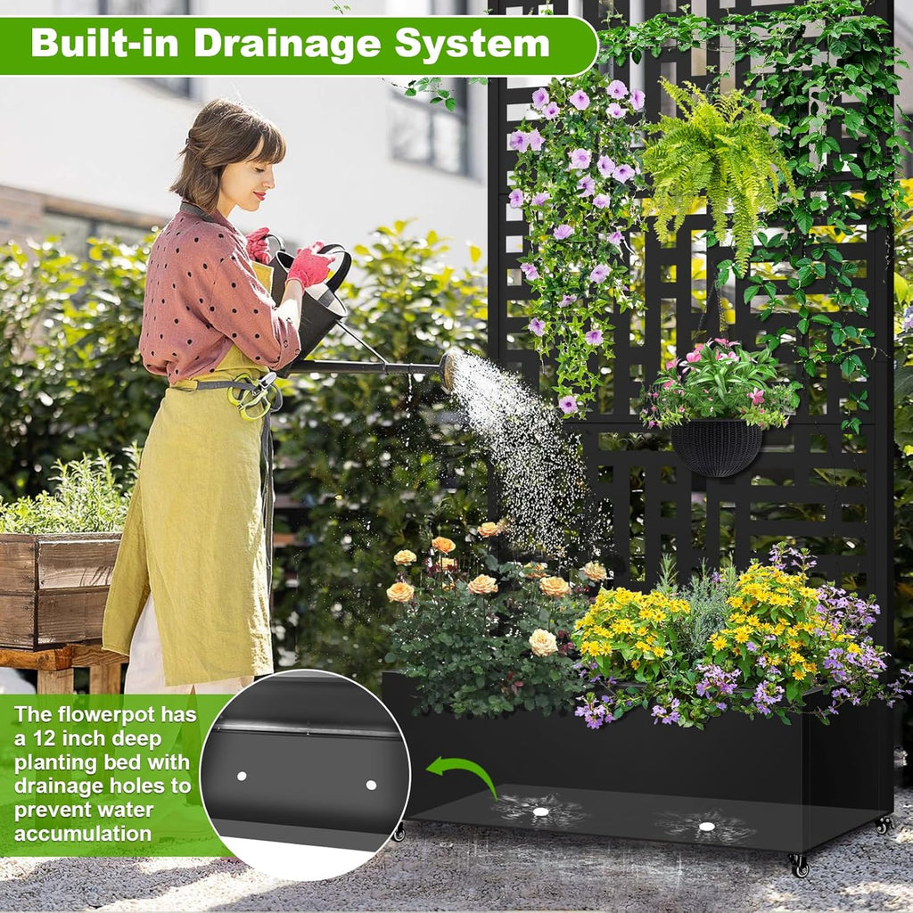 Metal Planter Box with Trellis, 72"x35"x16" Metal Raised Garden Bed with Trellis, Planter Box with Drainage Holes & Lockable Casters for Climbing Plants, Vegetables, and Vines