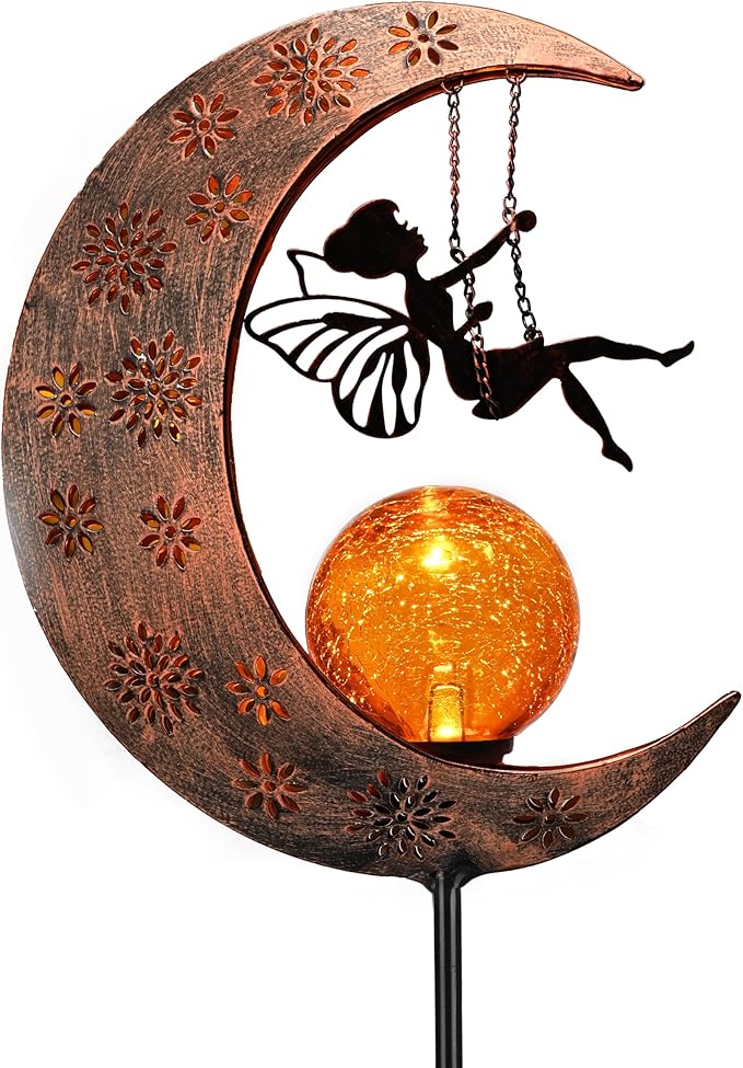 TERESA'S COLLECTIONS Solar Lights Outdoor for Garden Decor, 39" Metal Moon Fairy Pathway Light Garden Statues with Crackle Glass for Patio Decor,Lawn Ornaments Yard Art for Outside, Gift for Christmas