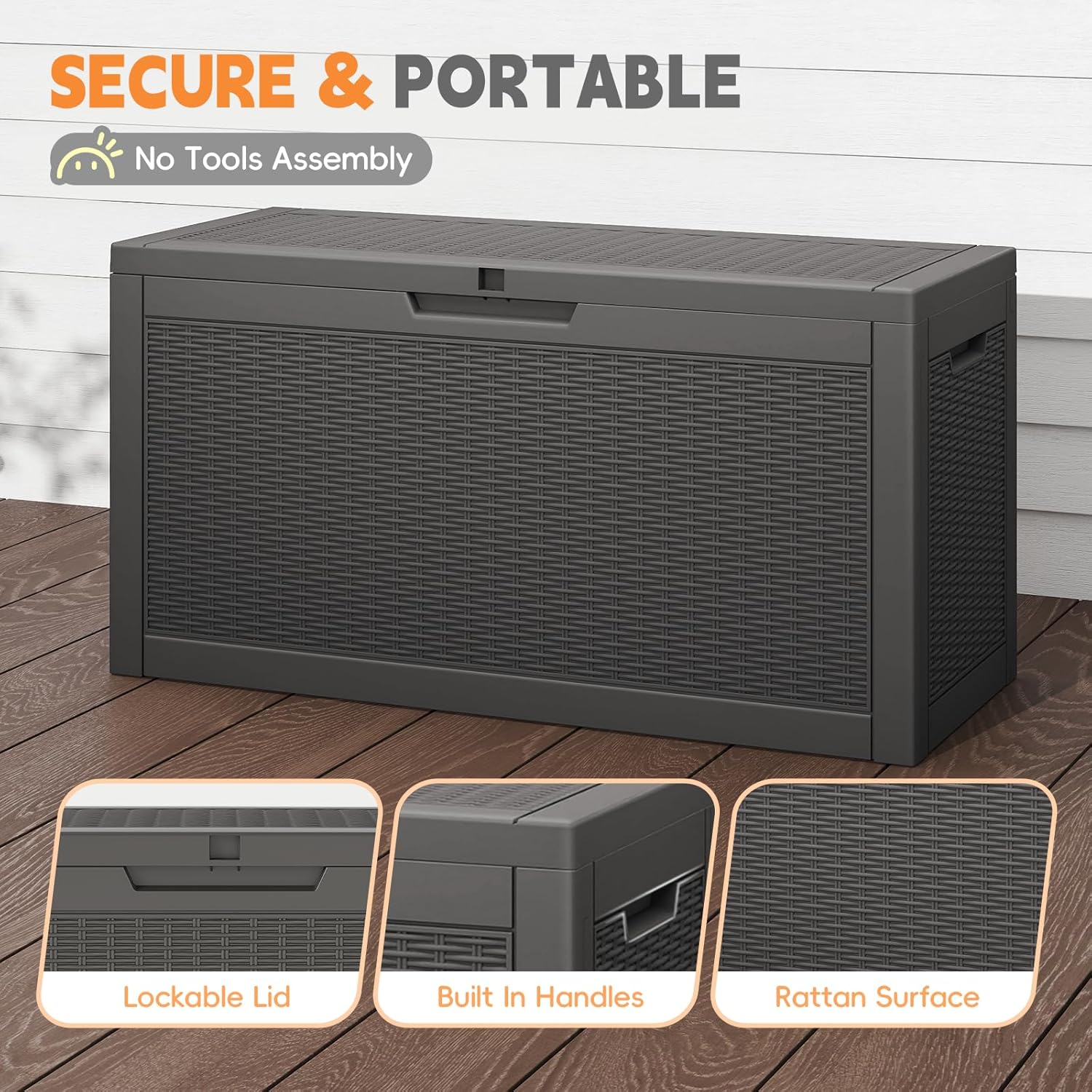 Outdoor Storage Box, 60 Gallon Waterproof Resin Deck Box, Storage Bin for Package Delivery, Patio Furniture Cushion, Garden Tools, Pool Accessories, Weatherproof and UV Resistant, Black