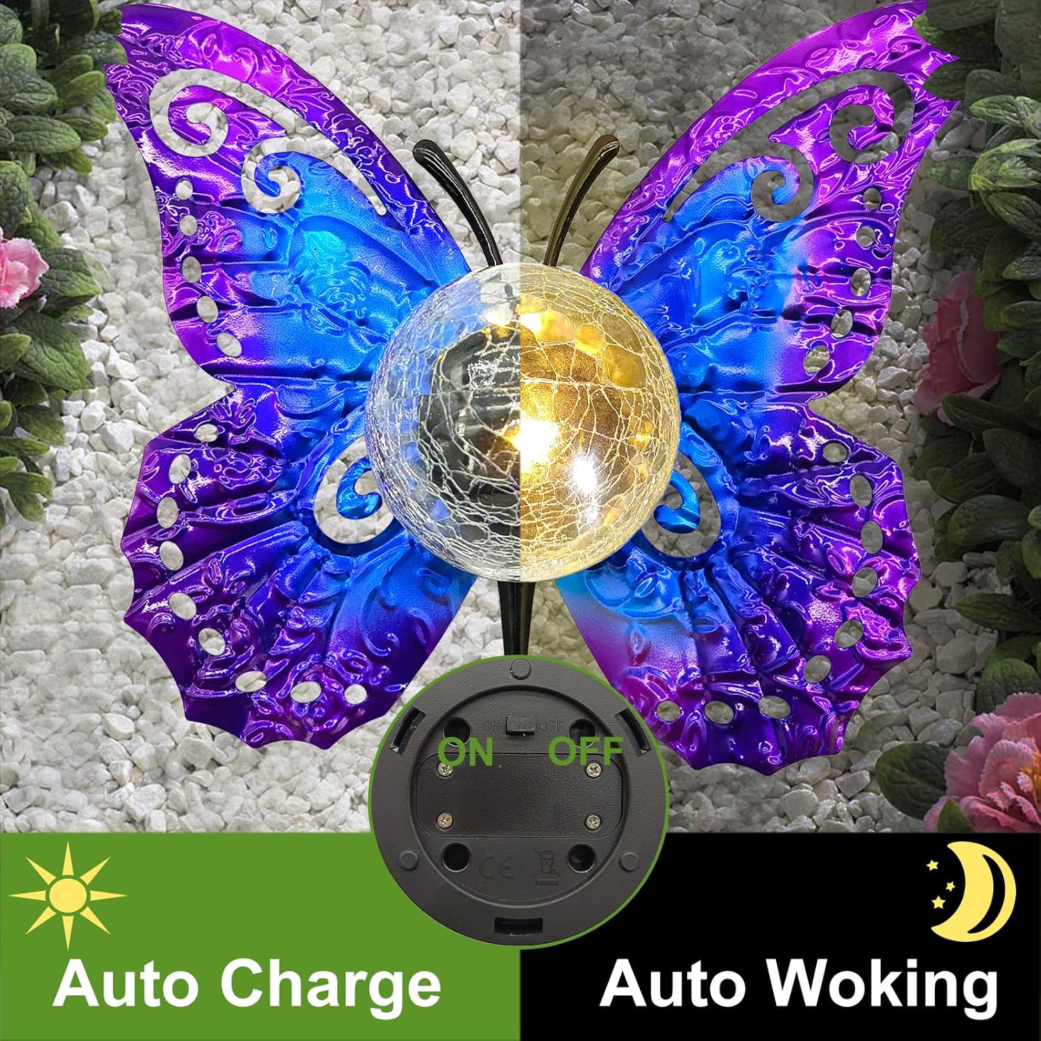 Solar Lights Outdoor Garden Butterfly Decor, Metal Butterfly Statue Decoration with LED Crackle Glass Globe, Solar Powered Lighted Garden Art Decor for Patio Lawn Yard Pathway Tabletop Ground