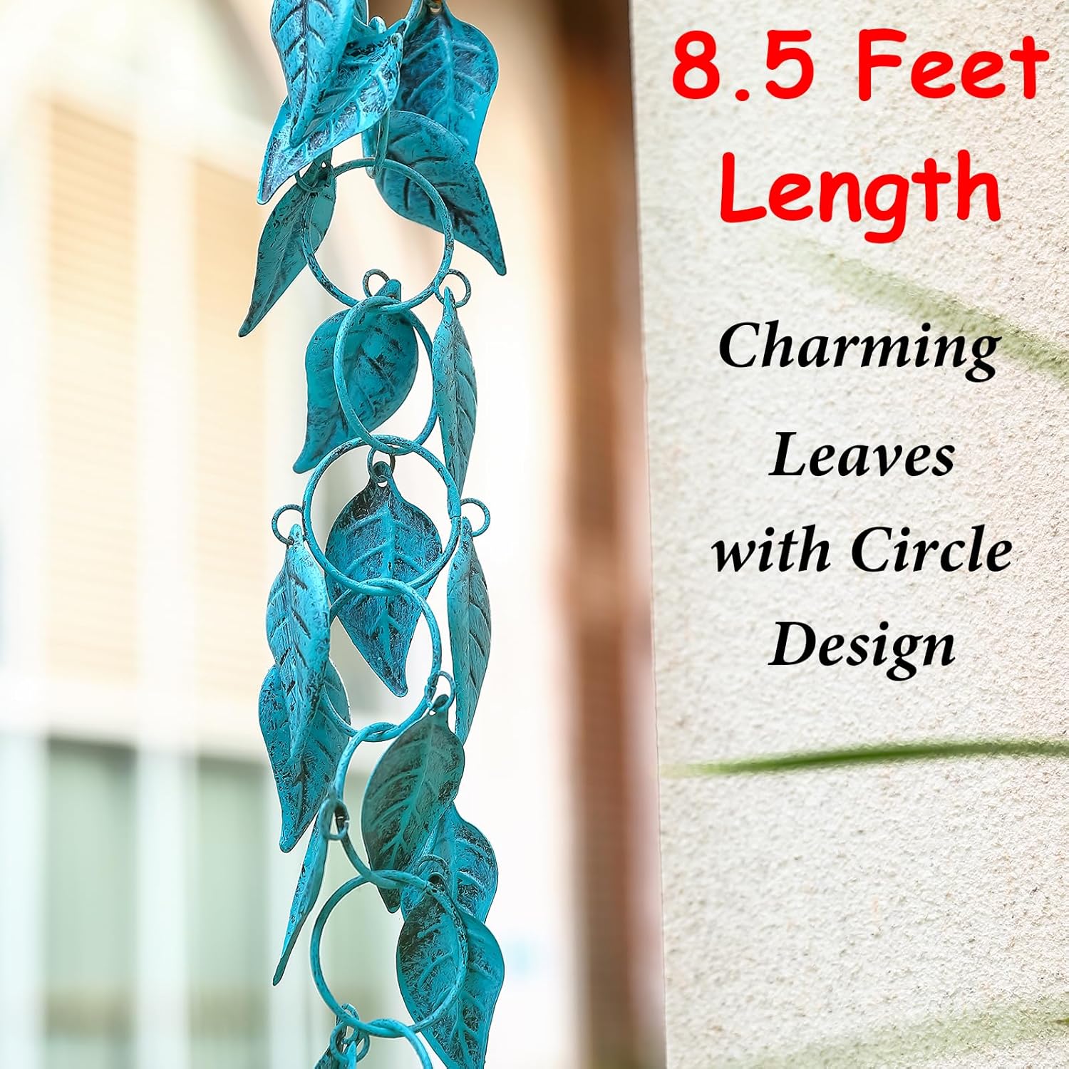 Leaves Rain Chain, 8.5 Ft Rain Chains for Gutters and Downspouts, Decorative Gutter Chain Downspout, Metal Leaf Rain Catcher Chain for Outside, Antique Blue Rainchain, Outdoor Garden Decor