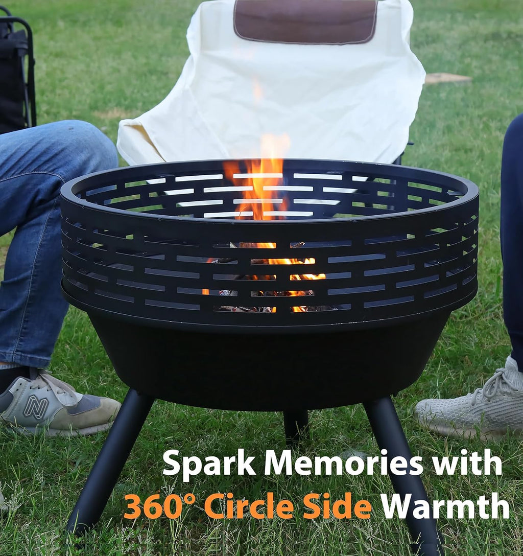 23 Inch Cast Iron Round Fire Pit with Grill, 3-in-1 Outdoor Fire Bowl, Fire Pit Table with Metal Lid and Fire Poker, Wood Burning Firepit for BBQ Bonfire Patio Picnic