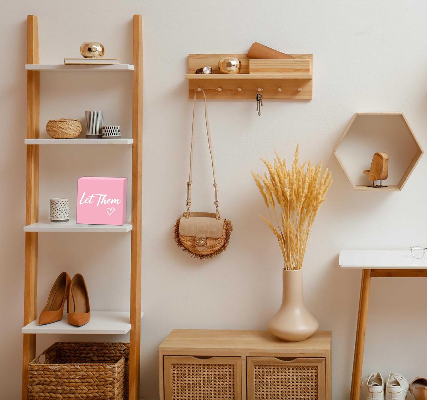 Let Them Wooden Box Sign 5 X 5", Farmhouse Desk Sign Boss Lady Office Cubicle Decor, Let Them Desk Accessories for Therapist Office Living Room Bathroom, Inspirational Boss Gifts for Women (Pink)