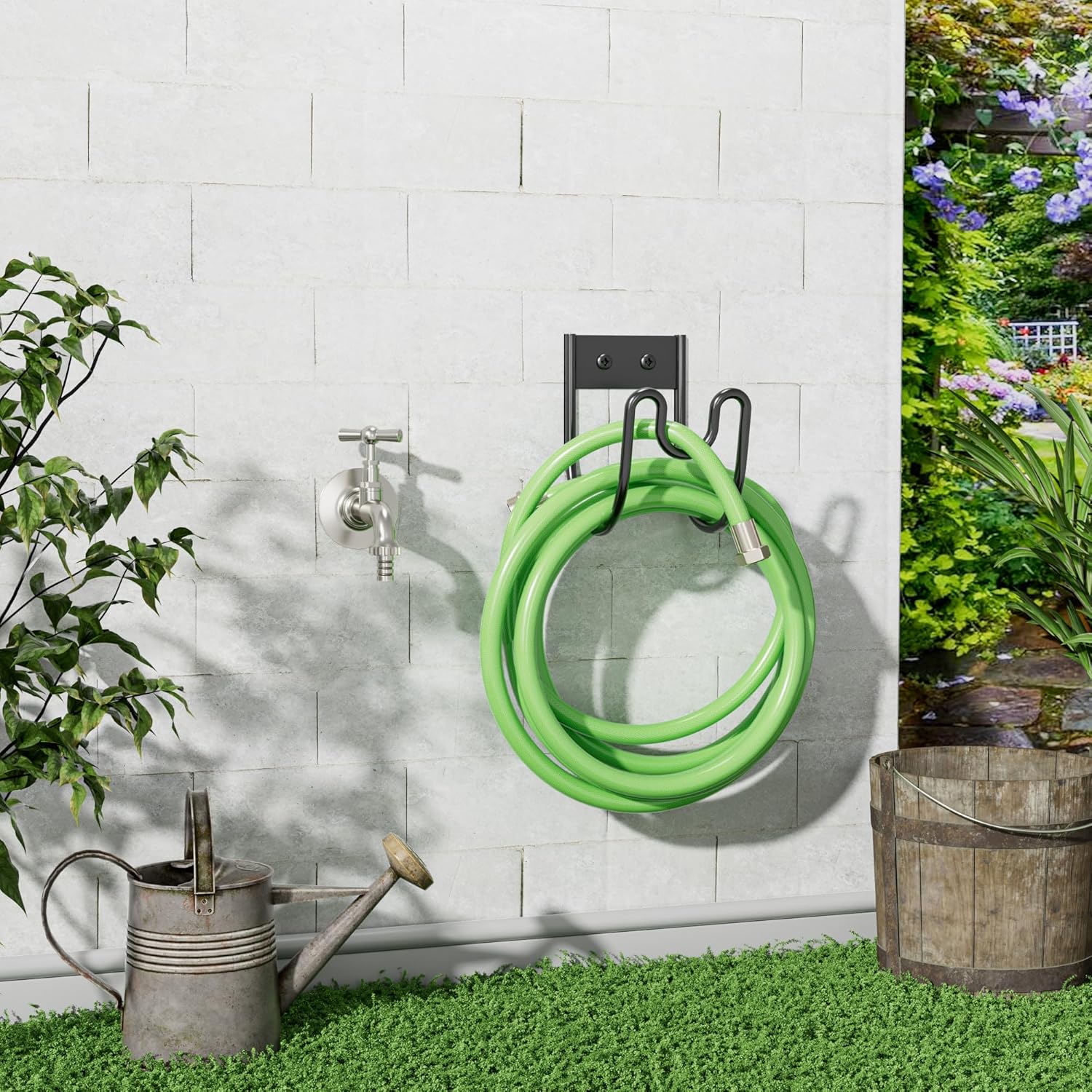 Black Metal Garden Hose Holder - Wall Mounted Water Hose Holder - Hose Hanger Heavy Duty for Water Hose Extension Cords Vacuum Hose