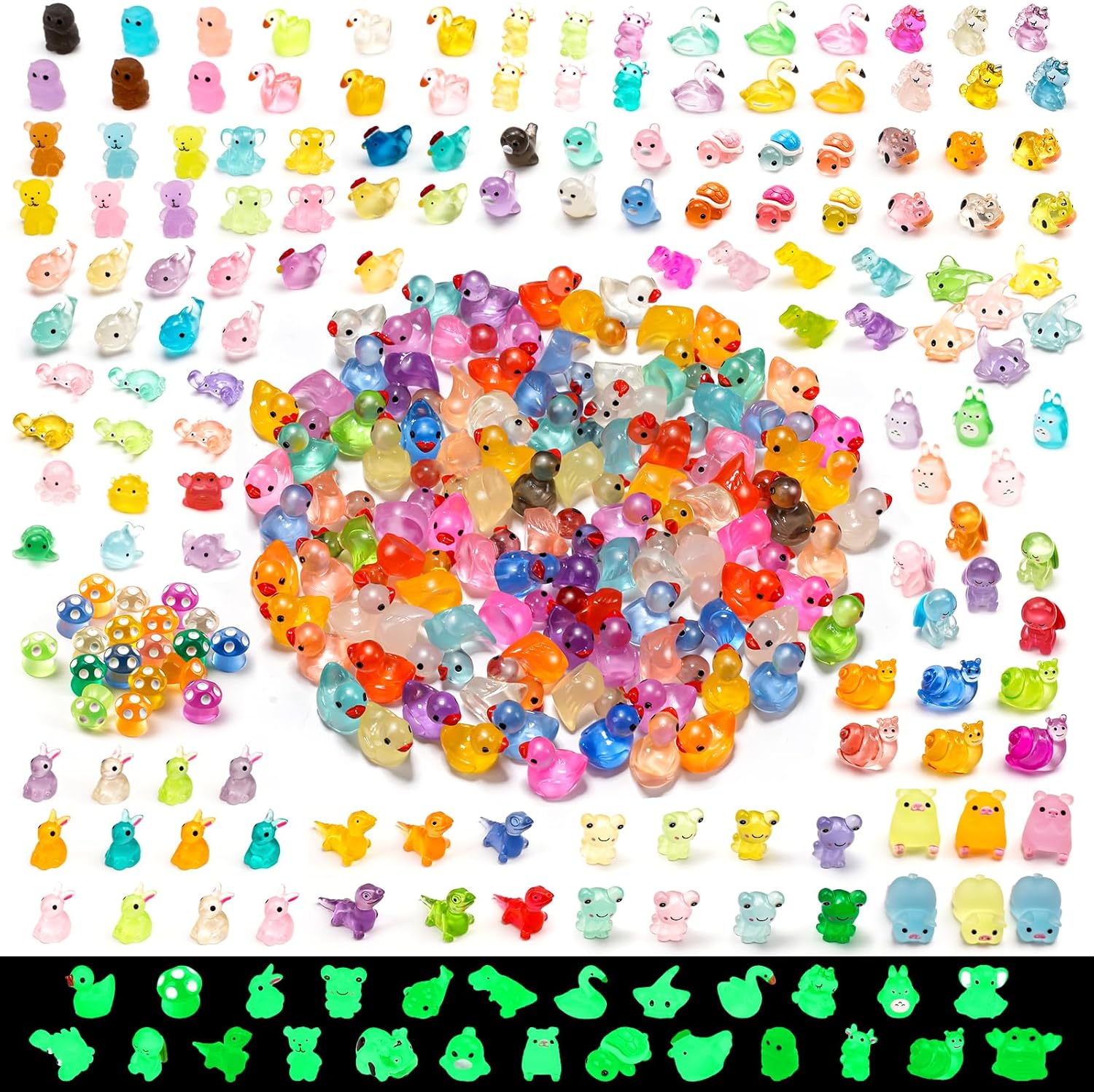 300 Pcs Luminous Mini Resin Animal in The Dark Mini Resin Figurines with 25 Styles Duck Frog Rabbit Owl Mushroom Shapes for Fairy Garden Accessories Micro Landscape Bonsai Aquarium Outdoor Decor
