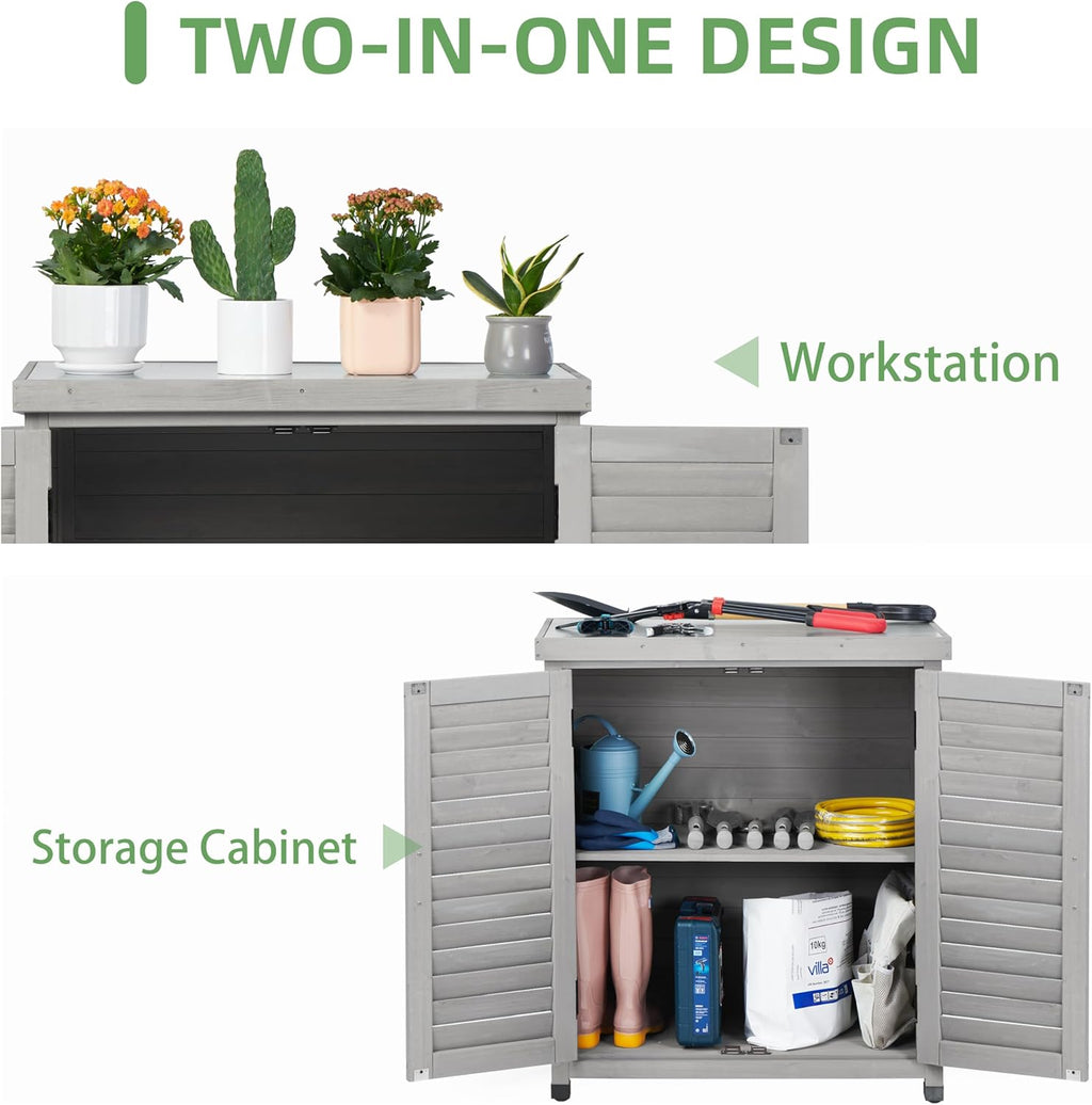 Potting Bench with Storage Cabinet and Metal Table Top for Outdoor Patio, Garden Furniture Wood Workstation