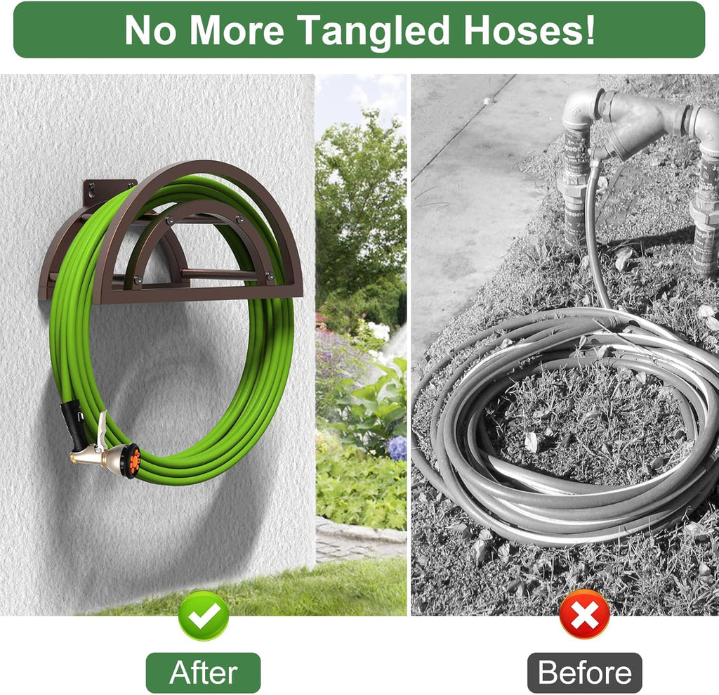 OLV Garden Hose Holder, Outdoor Hose Holder Wall Mounted Holds 125-ft Hose, Heavy Duty Metal Hose Hanger, Sturdy Detachable Hose Reel Storage Organizer, Hose Rack for Outside Garden Lawn Yard, Bronze